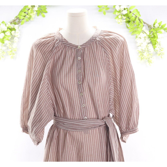 The Great Women's Puff Sleeve Striped Crew Neck Midi Cotton Dress Sz L - Picture 3 of 9